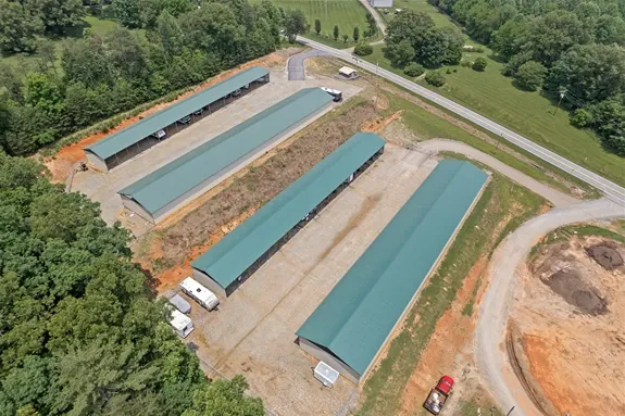 Aerial view of covered parking spaces.