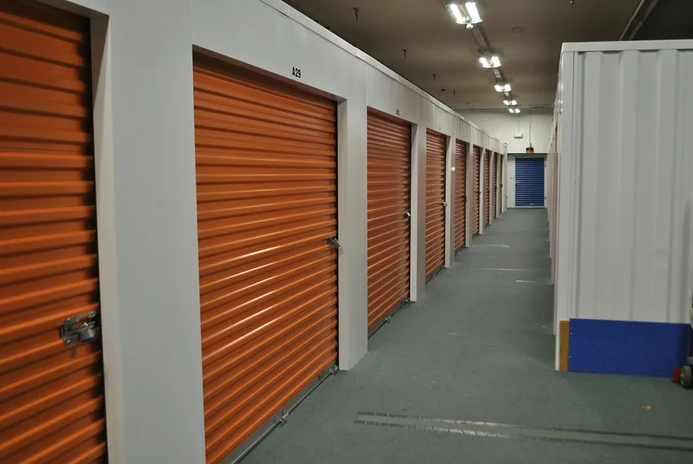 Row of indoor medium storage units.