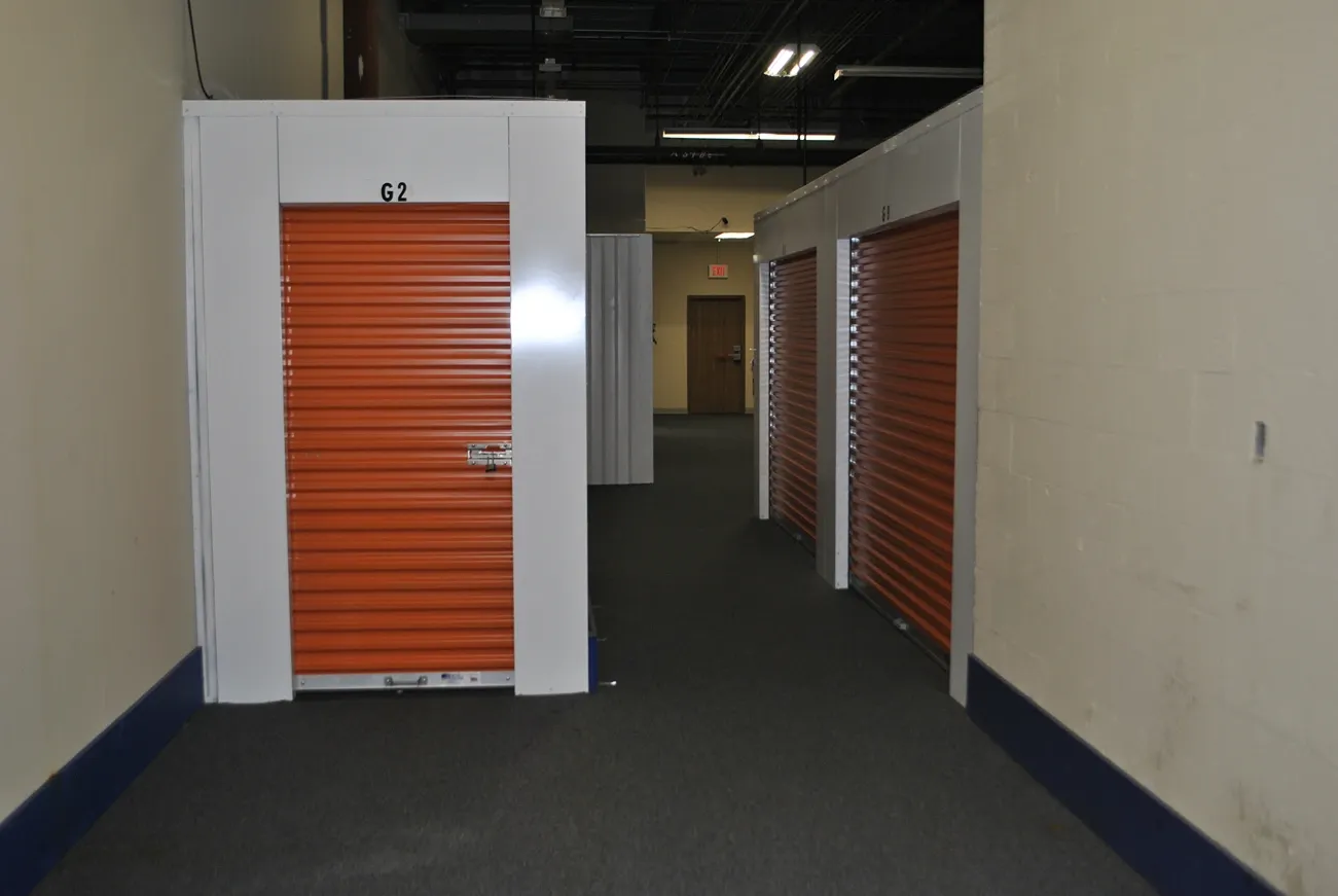 Hallway view of storage units.