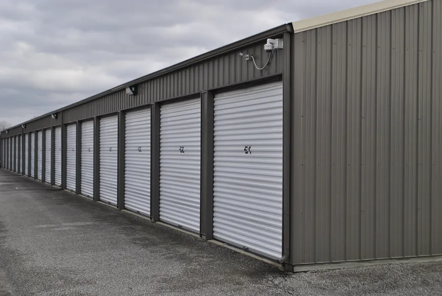 Outdoor storage units with security cameras.