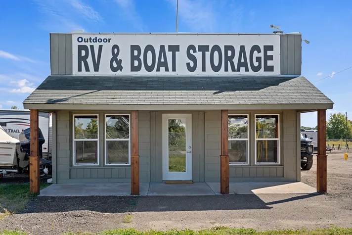 Front office of storage facility with rv and boat storage.