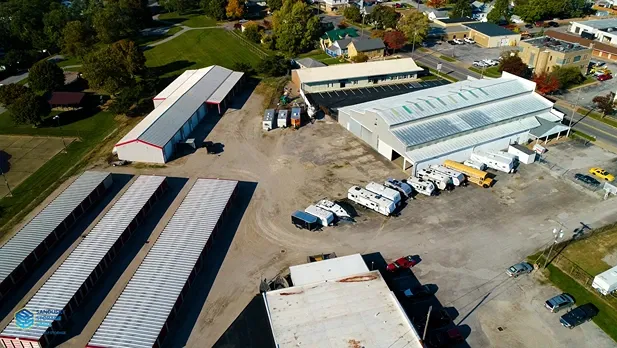 Aerial view of storage warehouse and parking spaces.