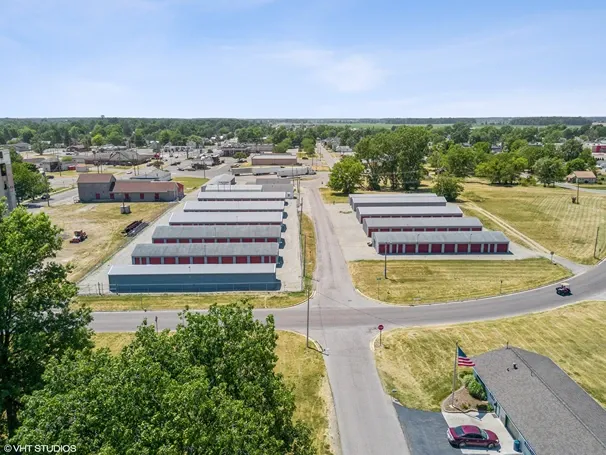 Aerial view of storage units near intersection.