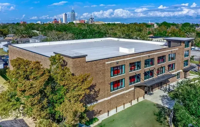 Drone view of a three story storage facility