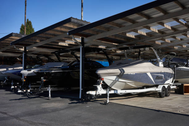 Covered boat storage with multiple boats parked under a metal roof